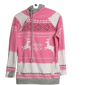 Pink and Gray Women's Sweater with Reindeer Design
